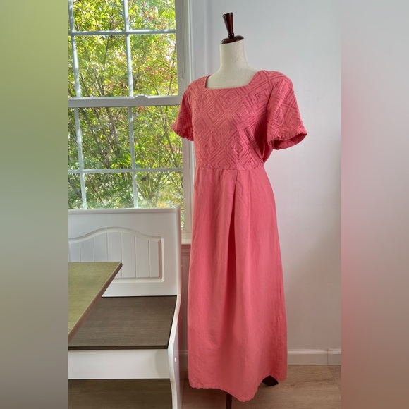 VTG Linen Blend Sarah Elizabeth Pink Pleated Square Neck Tie Waist Maxi Dress - Picture 6 of 16